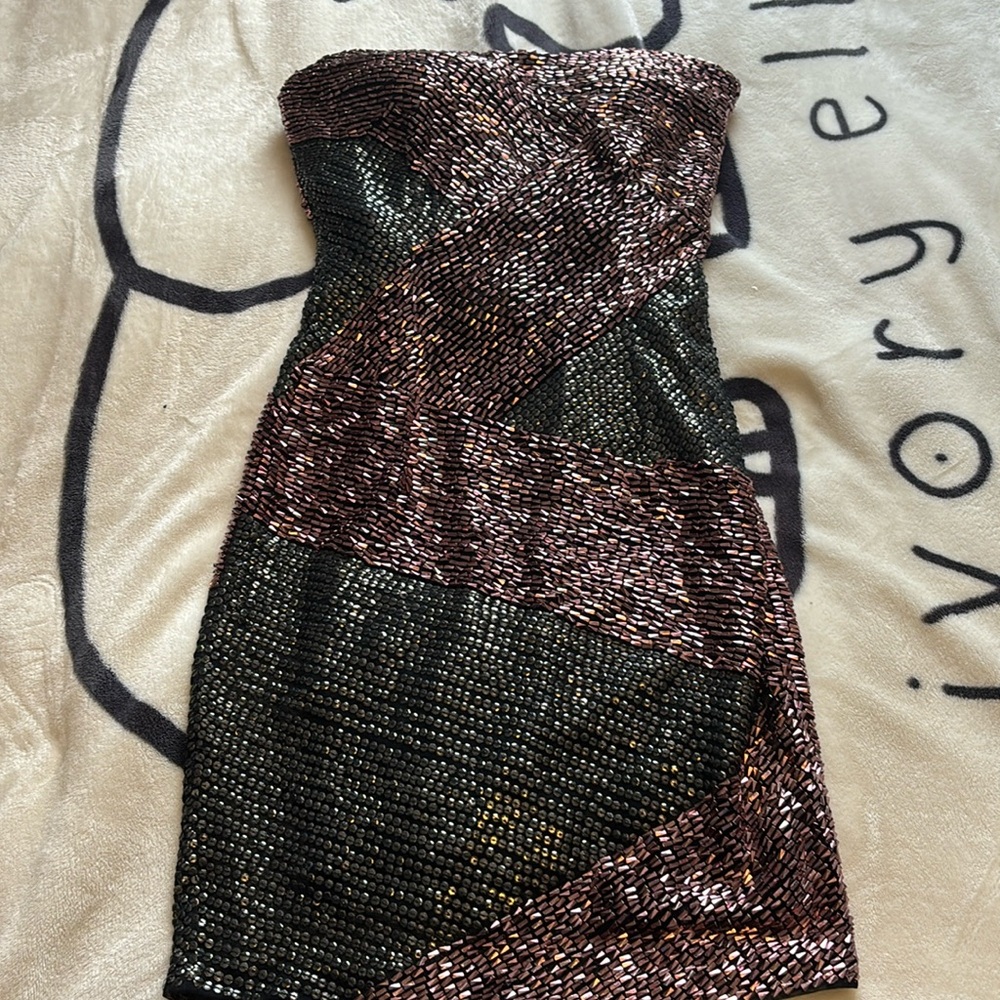 Bebe Gold Geode Strapless Dress